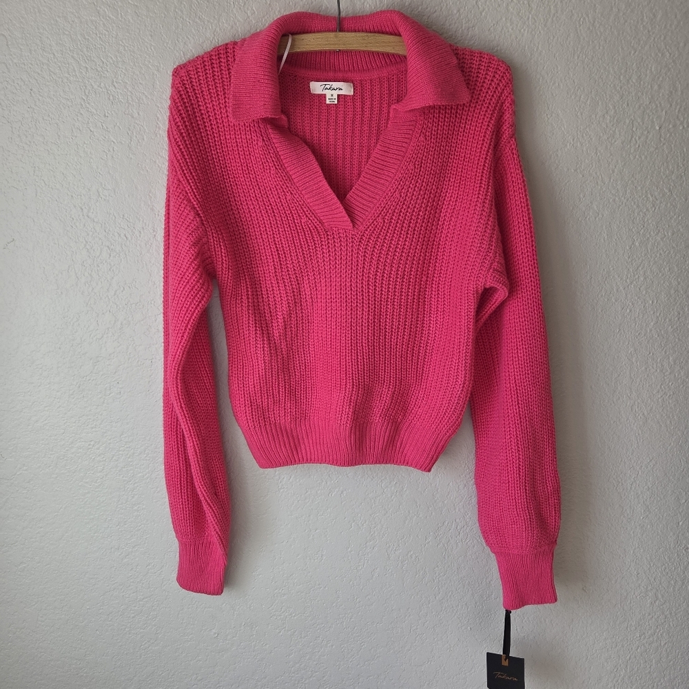 Takara Collared Knit Fucsia Pink Sweater Size M Women Polo V Neck Preppy